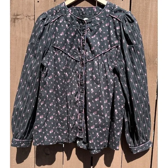 Sezane Women Size 42/US 10 Milou Shirt Maxi Floral Patchwork Black Blouse - Picture 4 of 12